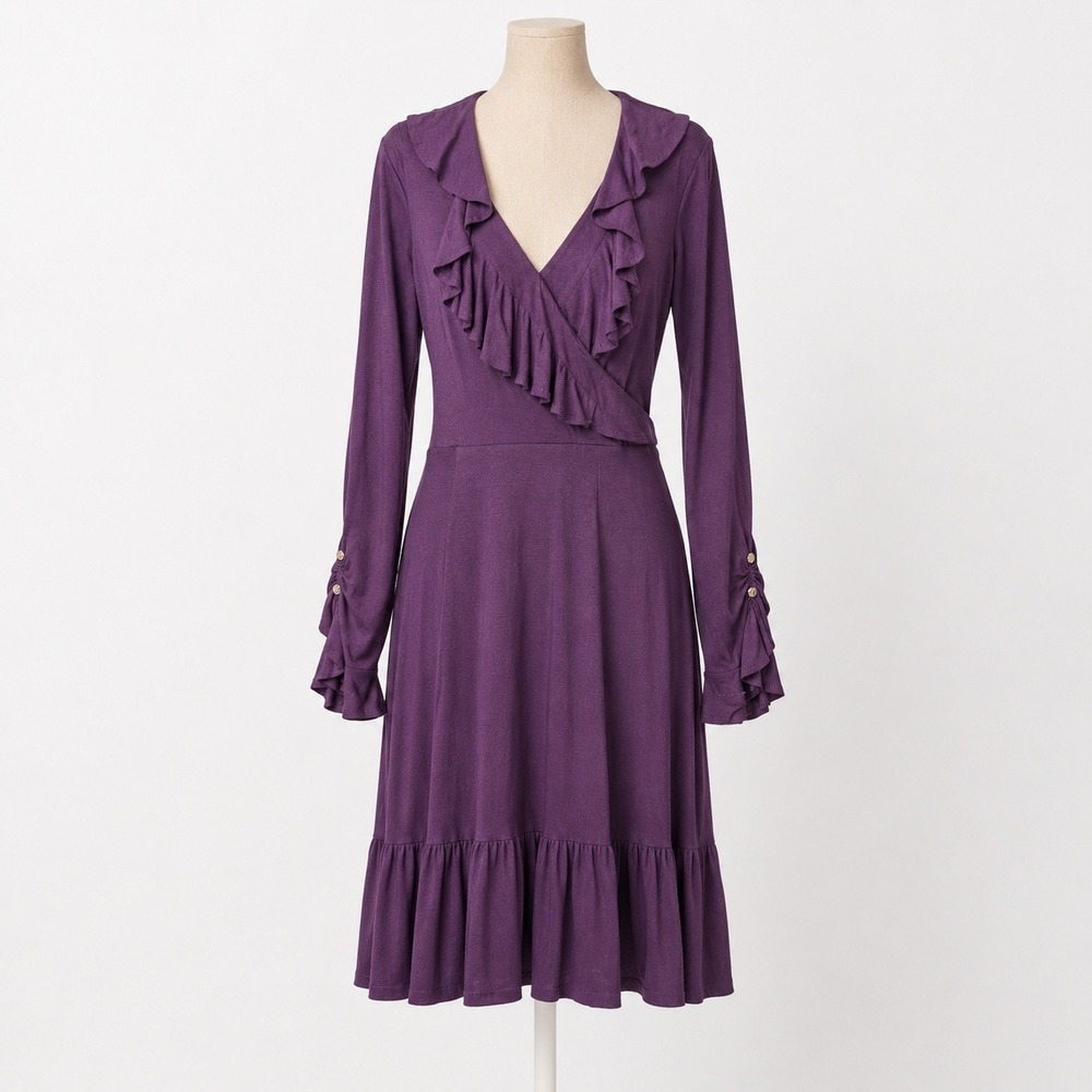 Vintage Y2K Cache Wrap Dress Size 6 Purple Long Sleeve Stretch Elegent Career
